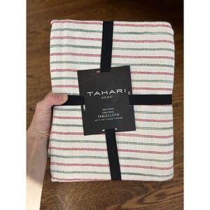 Tahari‎ 100% Cotton Oblong Tablecloth NEW beige Green Red Striped 60" X 120"